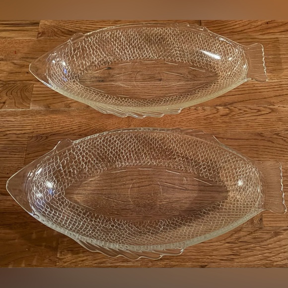 GLASBAKE Clear Glass Fish-Shaped Serving Dish #4141 set of 2